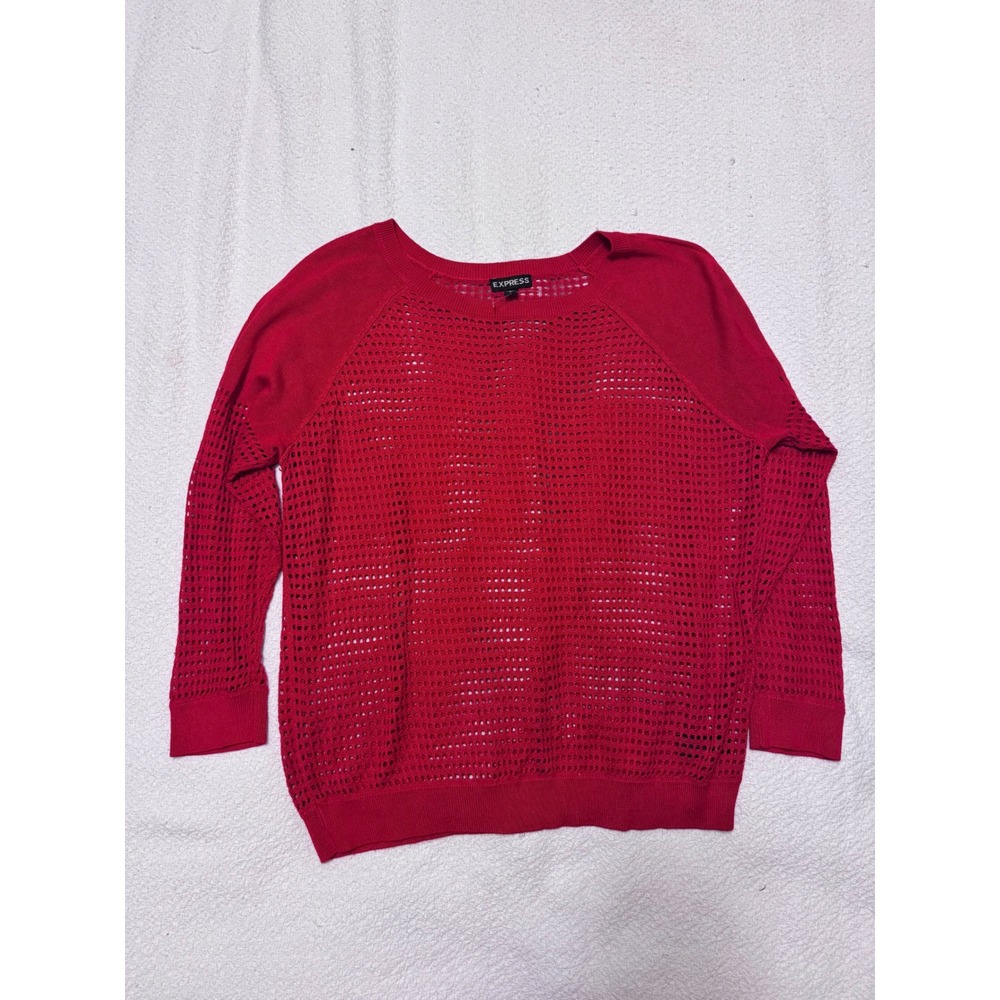 Express Red Open Knit Mesh Sweater Womens Medium Scoop Neck Crochet Pullover